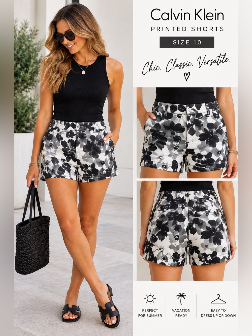 Calvin Klein Black White Floral Print Chino Shorts Size 10